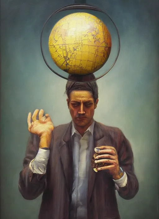 Image similar to a painting of a man holding a globe in his hands, a surrealist painting by Szymon Kot, deviantart, metaphysical painting, oil on canvas, surrealist, dystopian art,