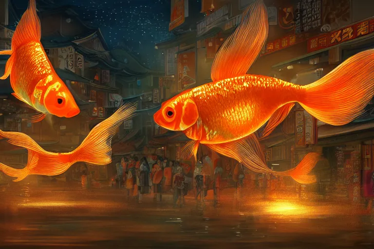 Image similar to fantasy art of glowing goldfish swimming in the air, in the streets of a japanese town at night, with people watching in wonder, by fenghua zhong, highly detailed digital art, trending on artstation