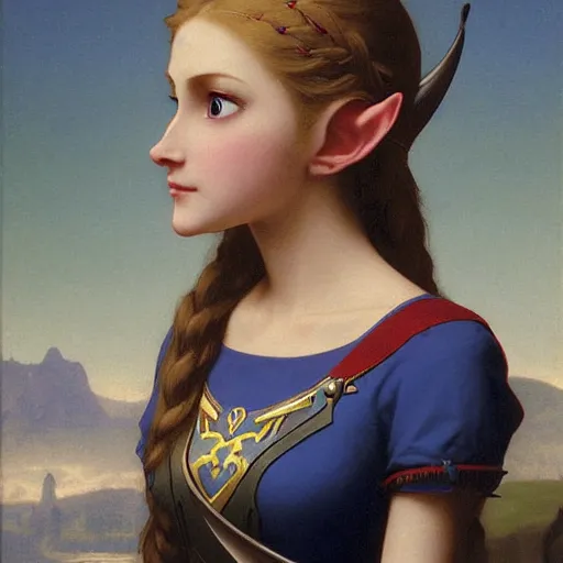 Prompt: a screnshot of princess Zelda Zelda Zelda from ocarina of time looking over her shoulder by William-Adolphe Bouguereau