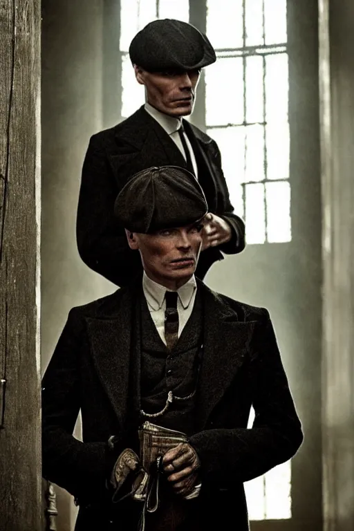 Prompt: Full-body portrait of Cillian Murphy in Peaky Blinders standing, dramatic, gloomy, dark, bleak, cheerless, desolate, impressive, tragic, cinematic, dull colours, dark colour scheme, atmospheric