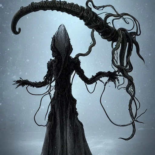 Image similar to concept designs for an ethereal wraith like figure with a squid like parasite latched onto its head and long tentacle arms that flow lazily but gracefully at its sides like a cloak while it floats around a forgotten kingdom in the snow searching for lost souls and that hides amongst the shadows in the trees, this character has hydrokinesis and electrokinesis for the resident evil village video game franchise with inspiration from the franchise Bloodborne and the mind flayer from stranger things on netflix