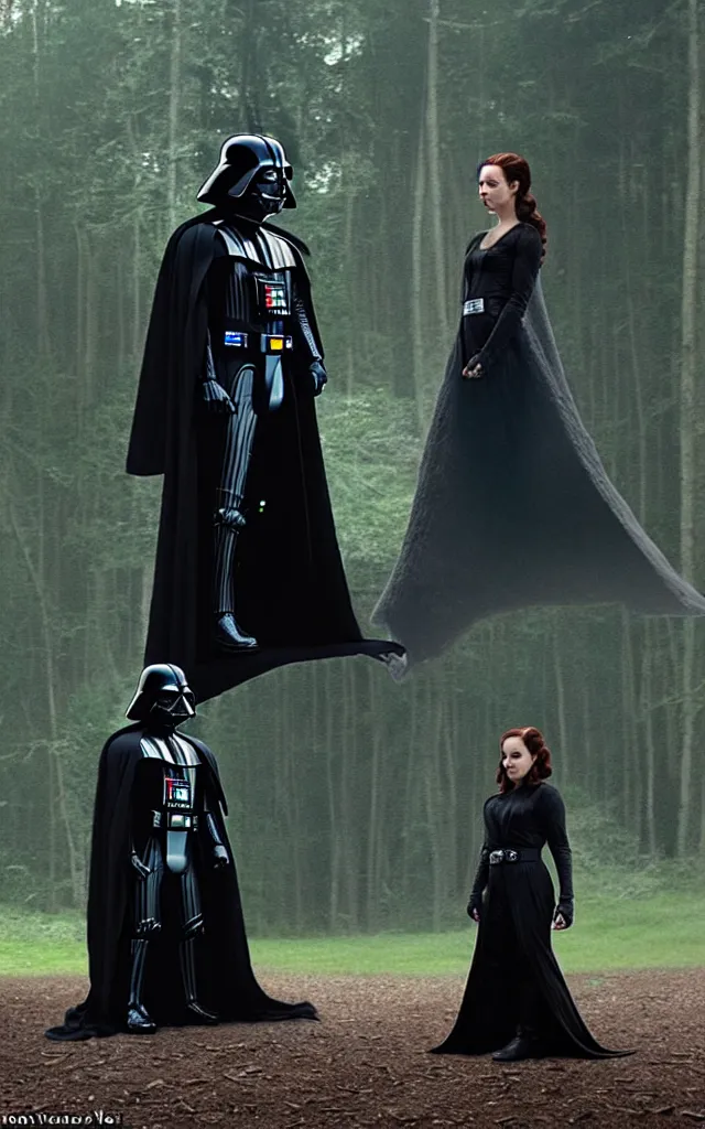 Image similar to darth vader anb bella from twillight staying together in front of, on the background star destroyer landed on the wood ground in the twilight saga movie, shot from the twillight movie