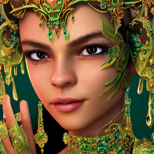 Image similar to photograph of wonderful princess with smooth fair skin, alluring eyes, green jewelry, breathtaking, elegant, ornate, intricate, hyper detailed, accent lighting, dramatic light, 4 k octane render