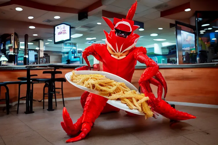 Image similar to cosplayer dressed like a crab, in 2 0 1 8, at an arbys, crabcore, royalcore, low - light photograph, photography by tyler mitchell