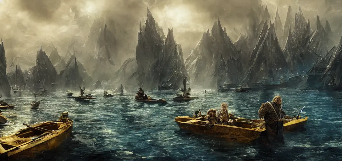 Image similar to cinematic, high - fantasy, market aquare, blue and gold boats, dozens of people, hybrid from the lord of the rings and art direction by darius zawadzki, sharp focus, highly detailed, wideangle epic scale, dynamic dramatic lighting, shadows, cinematic atmosphere, artstation, hyperrealistic, 8 k 4 k uhd image