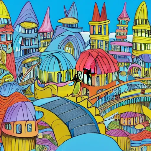 Prompt: fanciful city filled with curvy buildings, by dr seuss, the lorax, on beyond zebra, platforms, towers, bridges, stairs, colorful kids book illustration