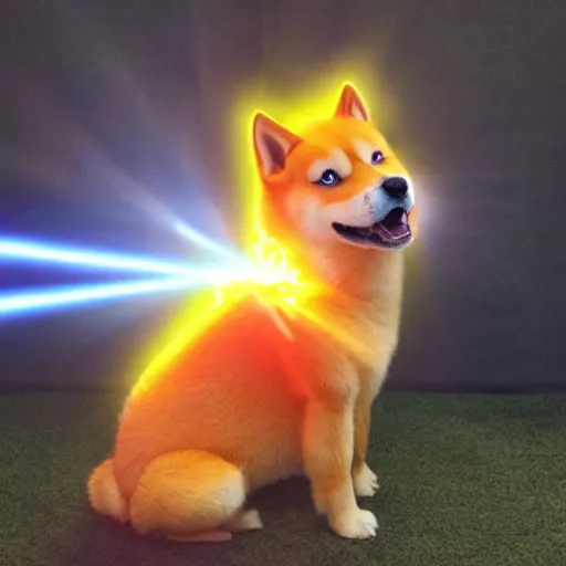 Prompt: real life super saiyan shiba inu with glowing yellow fur shooting a kamehameha energy beam