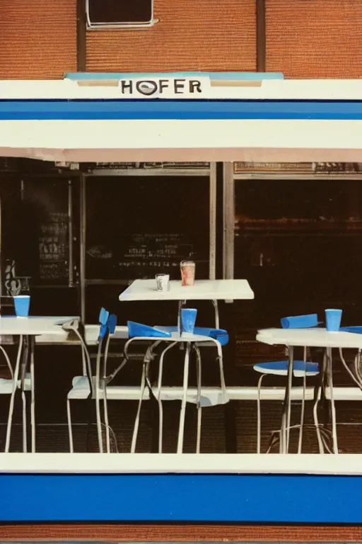 Prompt: a cup of coffee sitting on top of a white table diner booth, high angle, blue booth seats, a hyperrealistic photo by IAN SPRIGGS, flickr, conceptual art, photo taken with ektachrome, photo taken with provia, kodak portrait