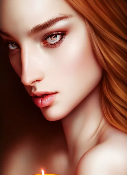 Image similar to a gorgeous female photo, professionally retouched, soft lighting, holding a candle, realistic, smooth face, perfect eyes, wide angle, sharp focus on eyes, 8 k high definition, insanely detailed, intricate, elegant, art by artgerm and wlop