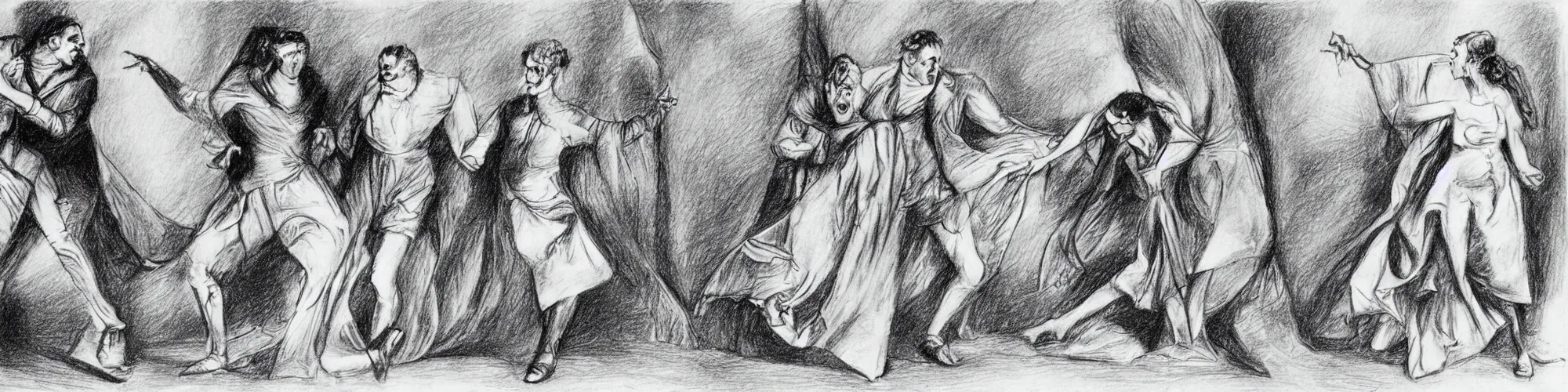 Prompt: frankenstein and his bride doing the silly walk in the ministry of silly walks, motion study, pencil drawing, very detailed, very silly