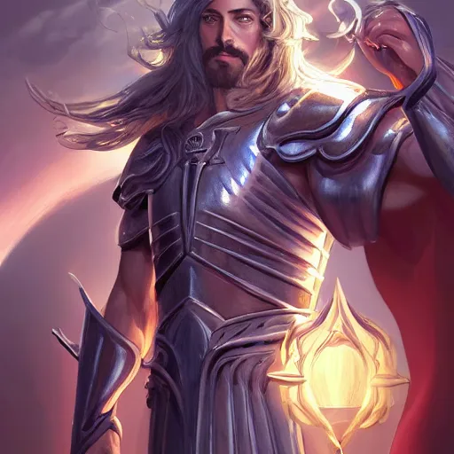 Image similar to Jesus as a knight of zodiac using a the saint seiya Sacred Heart armor, by Stanley Artgerm Lau, WLOP, Rossdraws, James Jean, Andrei Riabovitchev, Marc Simonetti, Yoshitaka Amano, ArtStation, CGSociety,