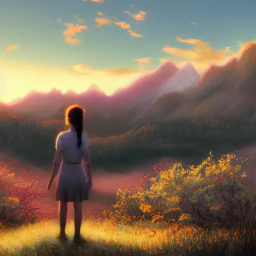 Prompt: highly detailed landscape, artstation style, artstation form, a girl stood in the blossoming sunset valley, pondering the mountains in the distance. peaceful pastel palette, matte painting