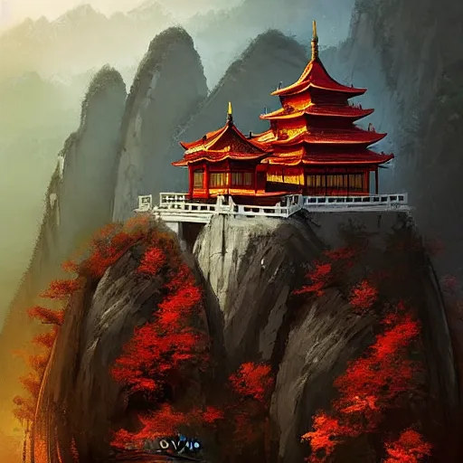 Image similar to chinese buddhist temple on the side of a mountain by anato finnstark, by alena aenami, by john harris, by ross tran, by wlop, by andreas rocha