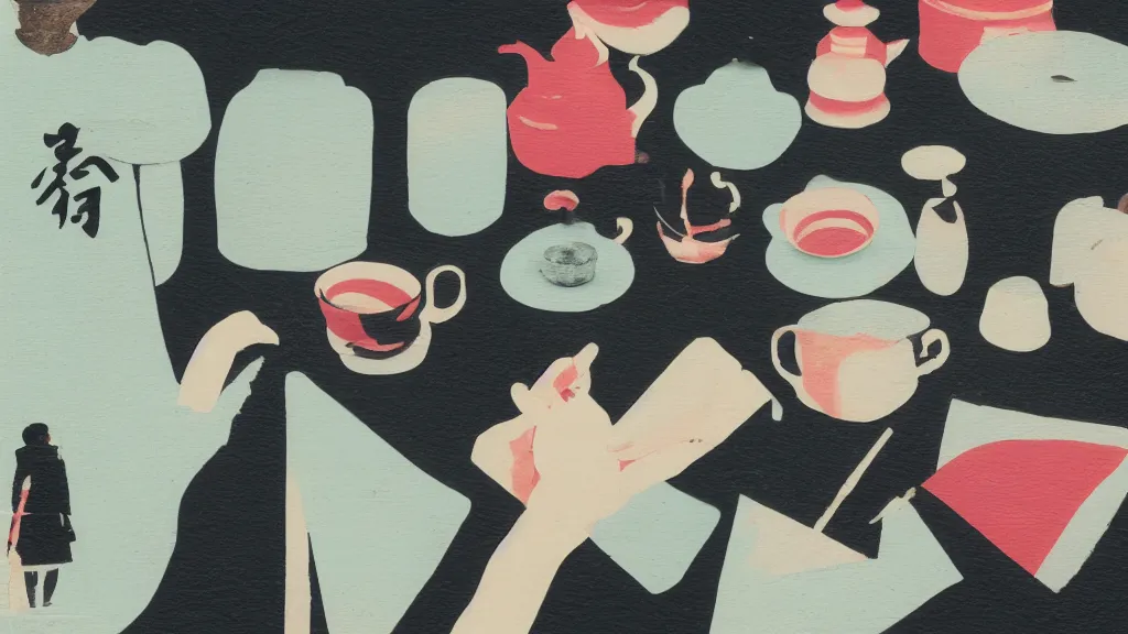 Image similar to a small tea setting, japan, a collage painting, in the style of wes anderson, lola dupre, david hockney, isolated on negative white space background dark monochrome neon spraypaint accents volumetric octane render