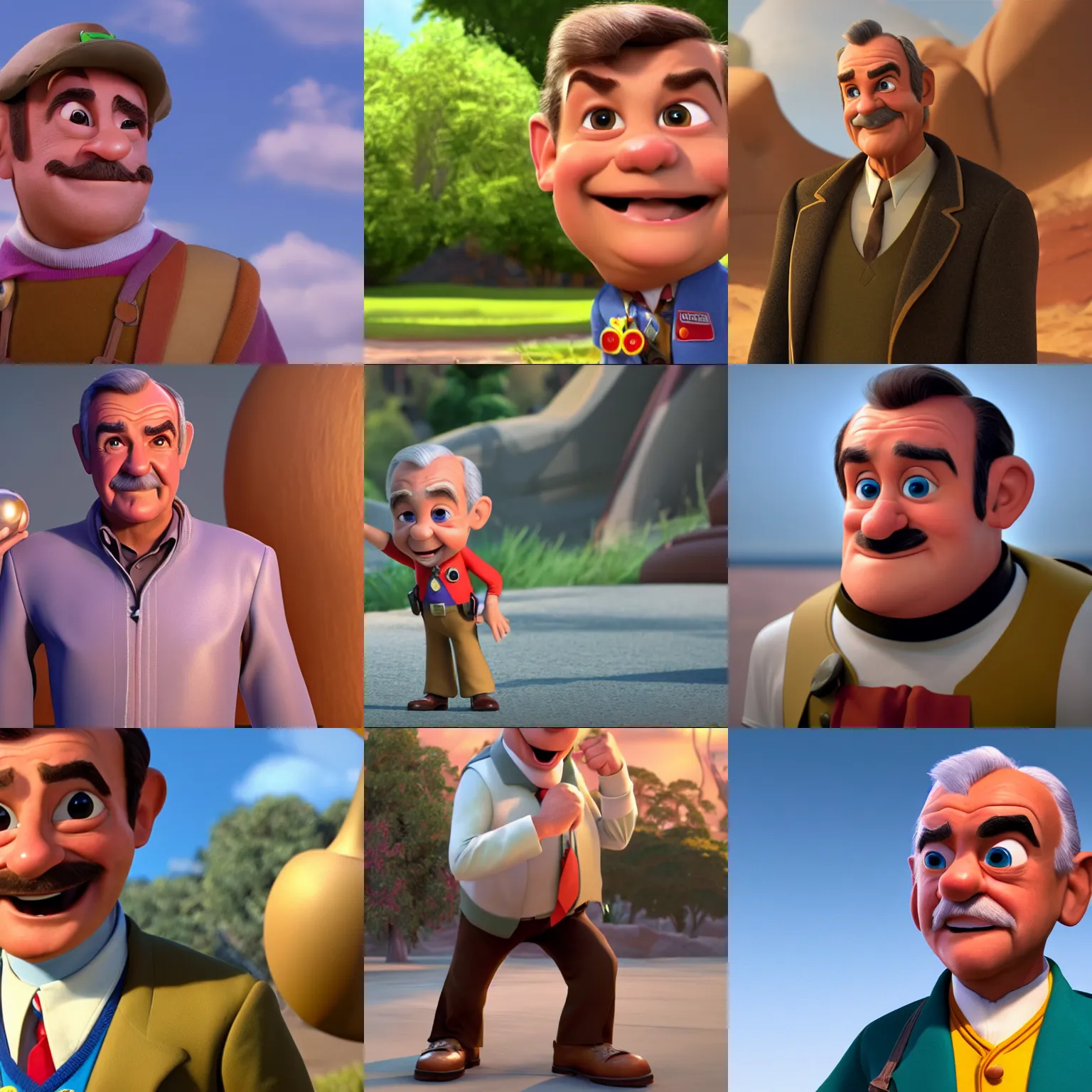 Prompt: young sean connery as a pixar disney character from up ( 2 0 0 9 ), unreal engine, octane render, 3 d render, photorealistic