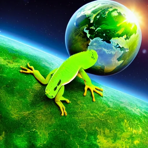 Prompt: an enormous green gecko hugging planet earth, space background