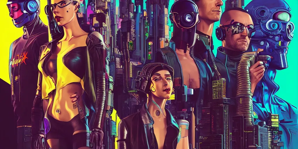 Image similar to cyberpunk hacker crew. portrait by stonehouse and mœbius and will eisner and gil elvgren and pixar. character design. realistic proportions. dystopian. cyberpunk 2 0 7 7 character art, blade runner 2 0 4 9 concept art. cel shading. attractive face. thick lines. hi def 4 k. the team. detailed interesting characters. realistic faces.