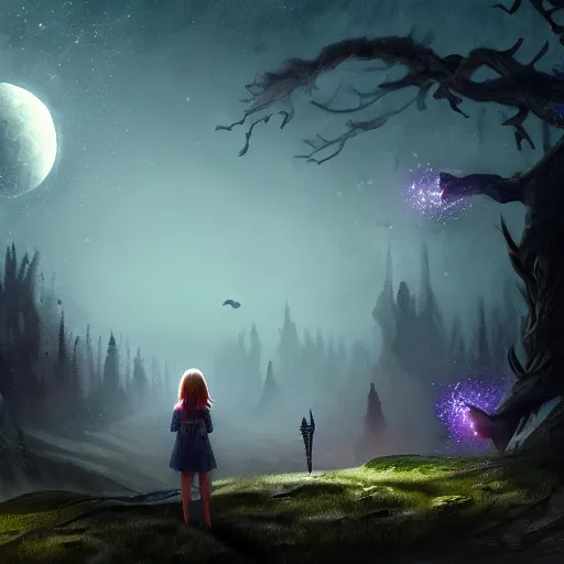 Image similar to girl looks at the space, d & d, fantasy, mist, space moon in background, trees, hyper detailed, midium shot, 8 k realistic, cryengine, digital painting, trending on artstation, concept art, sharp focus, illustration,