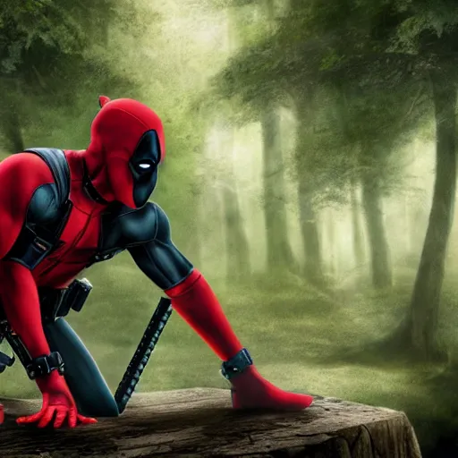 Image similar to deadpool and batman in the woods digital art 4 k detailed super realistic