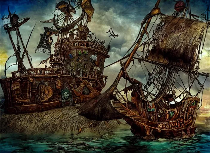 Image similar to pirate ship, amazing background, 3 - d, highly details, lowbrow, in the style of alexander jansson,