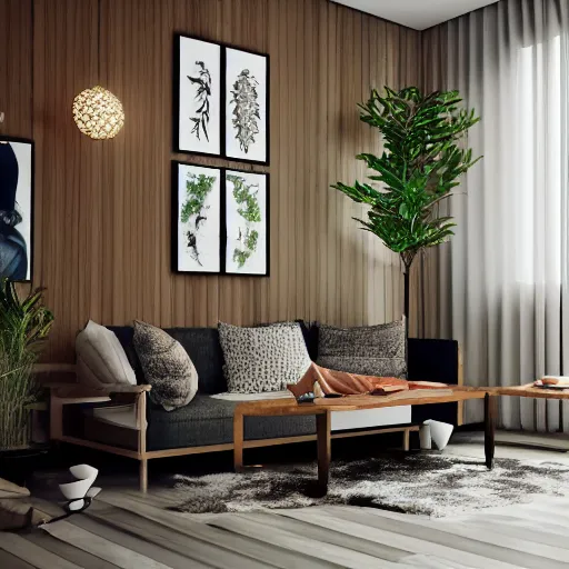 Prompt: living room concept render, octane render, inspired by nature, wood, plants, well illuminated, cozy