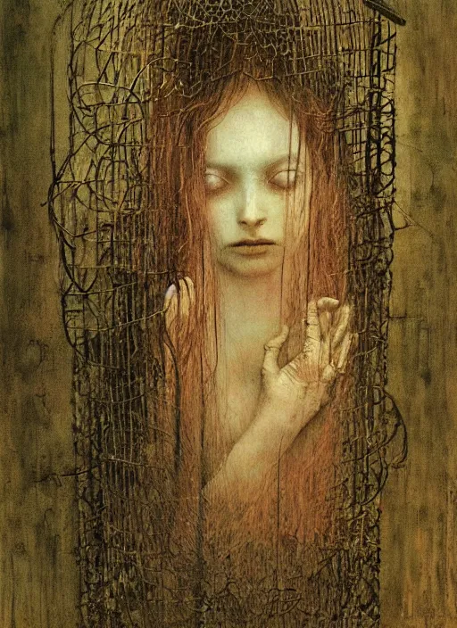 Image similar to girl inside birdcage by Beksinski