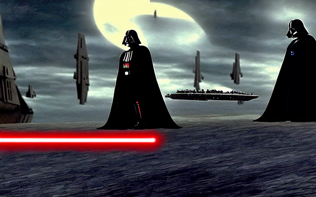 Image similar to darth vader anb bella staying together on the first plan, on the background star destroyer landed on the wood ground in the twilight saga movie, shot from the star twillight movie from george lucas