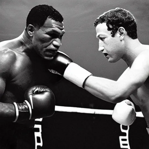 Prompt: Mark Zuckerberg fighting with Mike Tyson, boxing photo, 1960s, black and white