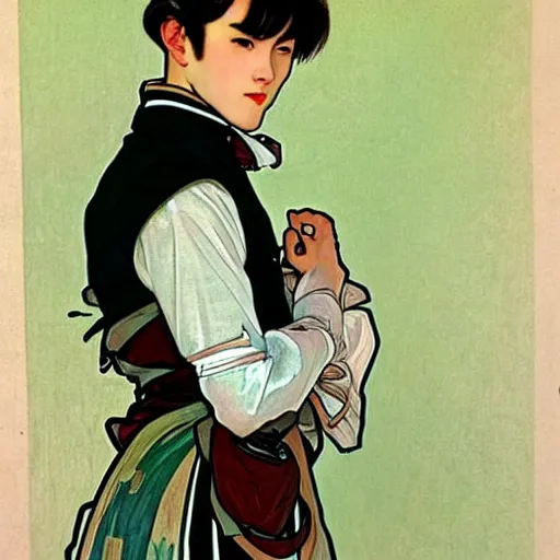 Image similar to full body painting of grumpy handsome thin beautiful young man in his 2 0 s named min - jun in a french female maid outfit and crossing his arms, modern clothing, elegant, clear, painting, stylized, sharp facial features, pouty, highly detailed, art, art by alphonse mucha