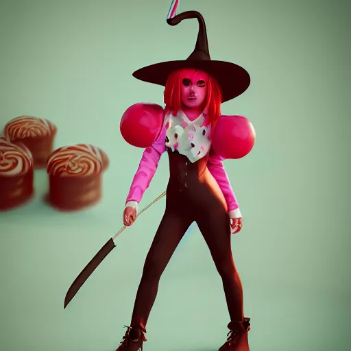 Prompt: candypunk young witch, character design, high quality digital art, render, octane, redshift, volumetric lighting, oled