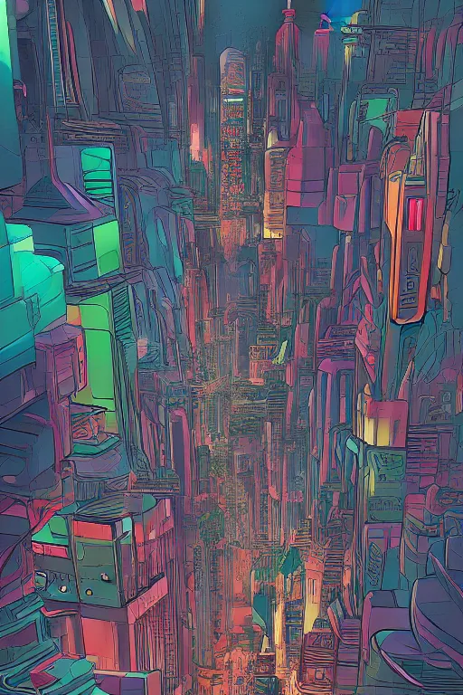 Prompt: astronaut cyberpunk surreal upside down city, neon lights, flat colors, cell shaded by moebius, Jean Giraud, trending on artstation