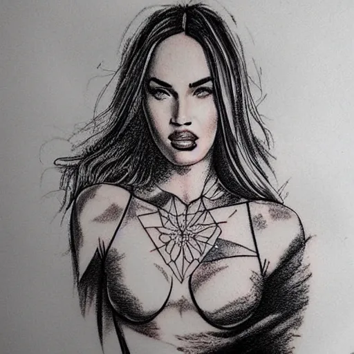Prompt: megan fox as beautiful mountains, double exposure effect, medium sized tattoo sketch, amazing detail, trending on pinterest, in the style of robin vandenabeele