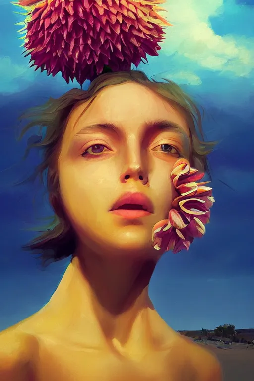 Image similar to closeup girl with huge dahlia flower face, on the beach, surreal photography, blue sky, sunrise, dramatic light, impressionist painting, digital painting, artstation, simon stalenhag