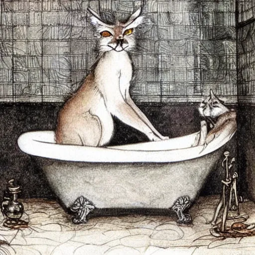 Image similar to cute caracal in bathtub, by Arthur Rackham