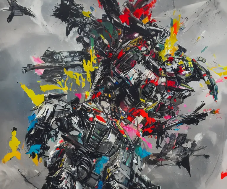 Prompt: acrylic and spraypaint concept art of a giant mechwarriors battling in space, explosions, graffiti wildstyle, large brush strokes, painting, paint drips, acrylic, clear shapes, spraypaint, smeared flowers, origami crane drawings, large triangular shapes, painting by ashley wood, totem 2, jeremy mann, masterpiece