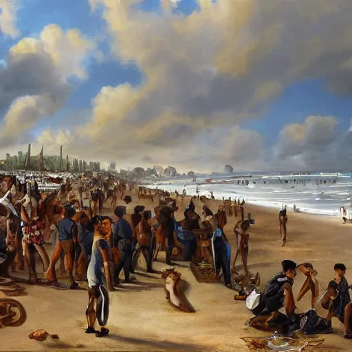 Prompt: rich drug dealers are arrested on the beach by the military, oil painting, highly detailed, 4 k