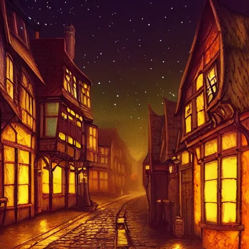 Prompt: A quaint, magical, medieval, London street at night, Tudor houses, digital painting by Alena Aenami, trending on artstation