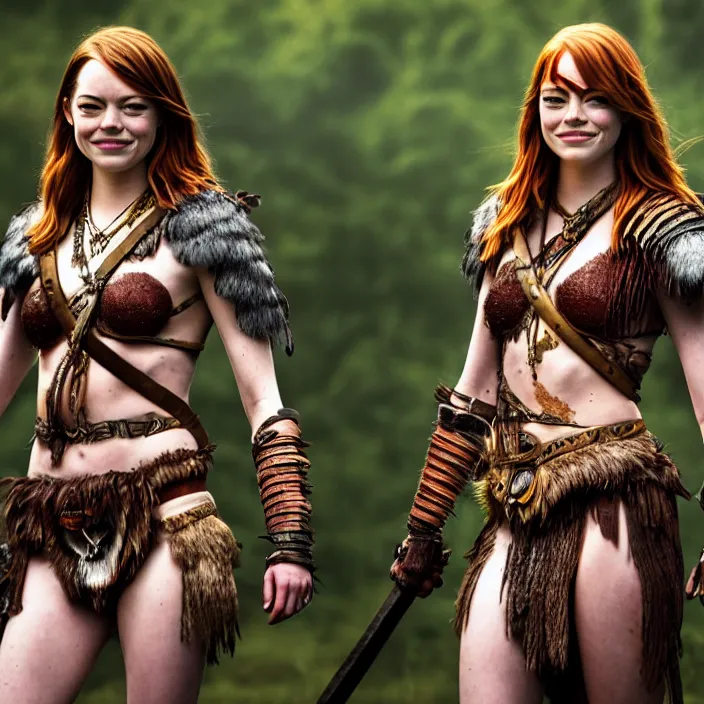 Prompt: professional full length photograph of emma stone as an amazon warrior. Extremely detailed. 8k