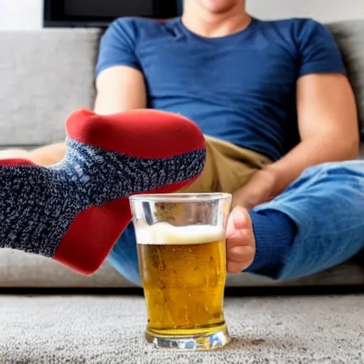 Prompt: a young man laid back on a couch while drinking a beer, putting his bare feet on a coffee table, open pizza box on the floor, dirty socks on the floor, tv light