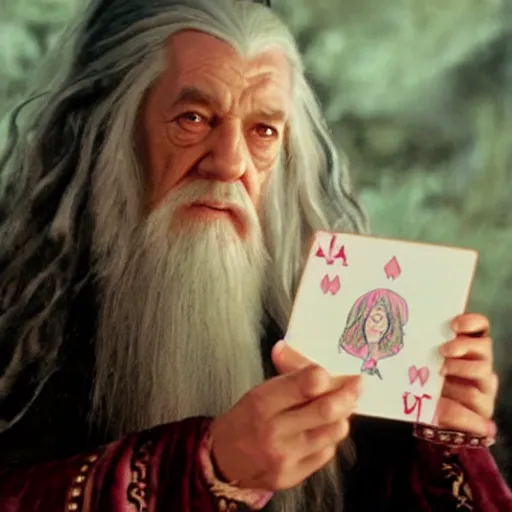 Image similar to portrait of gandalf, wearing a large pink velvet hair bow, holding a blank playing card up to the camera, movie still from the lord of the rings