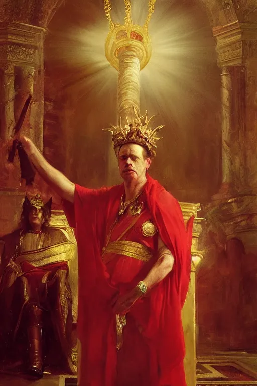 Image similar to beautiful portrait oil painting, steve buscemi wearing a golden wreath crown in royal crimson robes enthroned as the god emperor of ancient rome, mid - shot, by anders zorn, wonderful masterpiece by greg rutkowski, beautiful cinematic light, american romanticism, by thomas lawrence, greg rutkowski