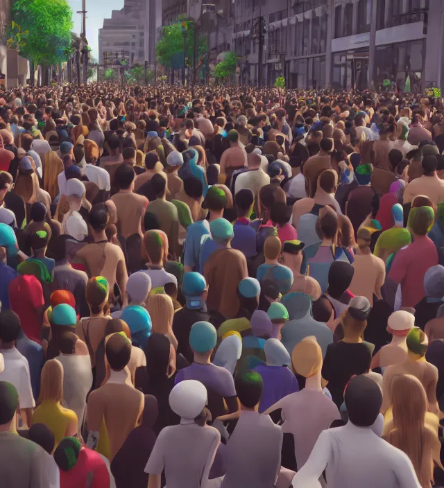 Prompt: crowds on the street have puppet's line on theirs bodies. concept art, unreal engine 5, maya