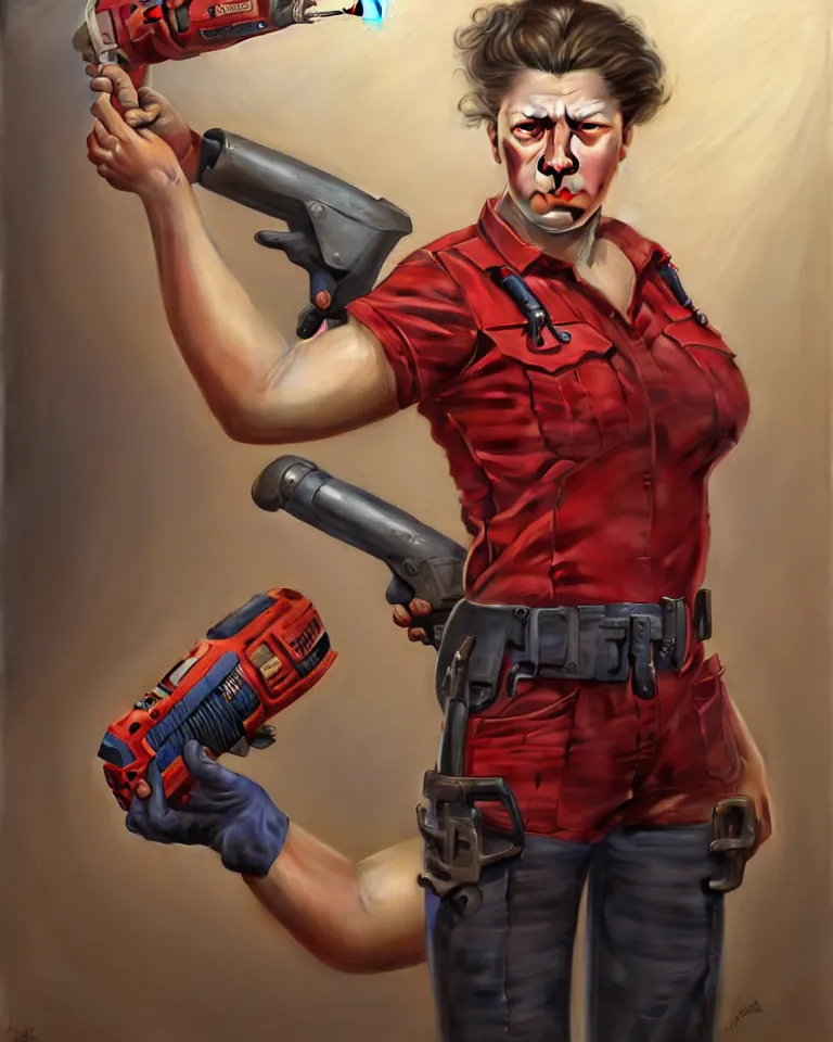 Image similar to epic portrait a slightly muscular woman wearing short sleeved uniform and carrying a red power tool drill, detailed, centered, digital painting, artstation, concept art, donato giancola, Joseph Christian Leyendecker, WLOP, Boris Vallejo, Breathtaking, 8k resolution, extremely detailed, beautiful, establishing shot, artistic, hyperrealistic, beautiful face, octane render