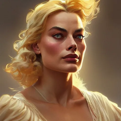 Image similar to Margot Robbie, western, closeup, D&D, fantasy, intricate, elegant, highly detailed, digital painting, artstation, concept art, matte, sharp focus, illustration, art by Artgerm and Greg Rutkowski and Alphonse Mucha