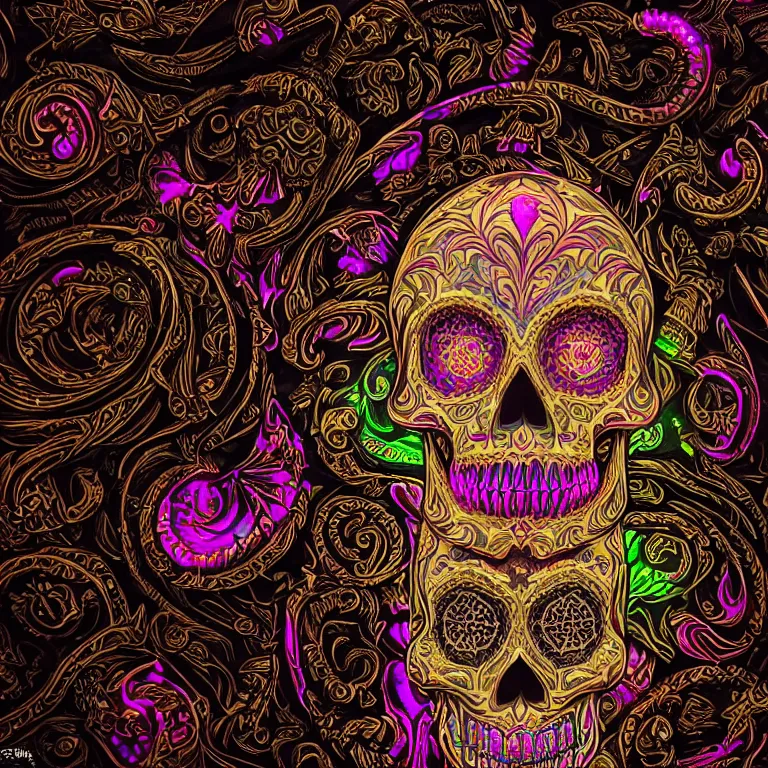 Image similar to a highly detailed photographic render of intricately carved sugar skull, psychedelic, black background, neon light, intricate ornament, gilding, horror, dark fantasy, beautifully lit, ray traced, octane 3D render in the style of Gerald Brom and James Gurney, sharp focus, HD, 8k