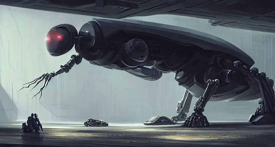 Image similar to hyper realistic sci - fi matte concept art painting of a giant spiderbot in a starship hanger, beautiful details, strong composition painted by kim jung guweta studio rutkowski, james gurney and greg rutkowski, and lucasfilm, smooth, intricate, detailed, sharp focus, cinematic