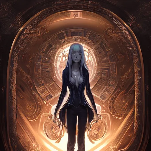 Prompt: A slender android with long, silver hair stands in the center of an opulent octagonal room with fine paintings with golden plaques on each wall; detailed concept art by Ross Tran and Greg Rutowski high quality illustration.