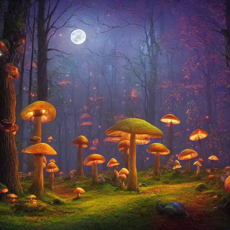 Prompt: an enchanted mushroom forest inspired by Evgeny Lushpin, midnight, full moon, cinematic, intricate, very detailed