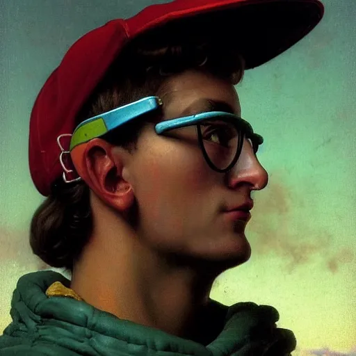 Prompt: a baroque neoclassicist close - up side profile portrait of a colorful retrofuturistic cyborg boy with a baseball hat and glasses, glowing fog in the background. renaissance portrait painting. highly detailed science fiction painting by norman rockwell, frank frazetta, and syd mead. rich colors, high contrast, gloomy atmosphere, dark background. trending on artstation