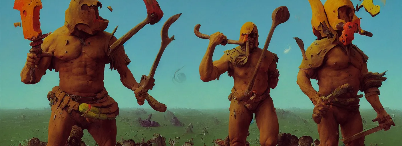 Image similar to full - body portrait surreal colorful clay fighting artstation rpg barbarian character concept art anatomy, action pose, very coherent and colorful high contrast masterpiece by norman rockwell franz sedlacek hieronymus bosch dean ellis simon stalenhag rene magritte gediminas pranckevicius, dark shadows, sunny day, hard lighting, reference sheet white! background